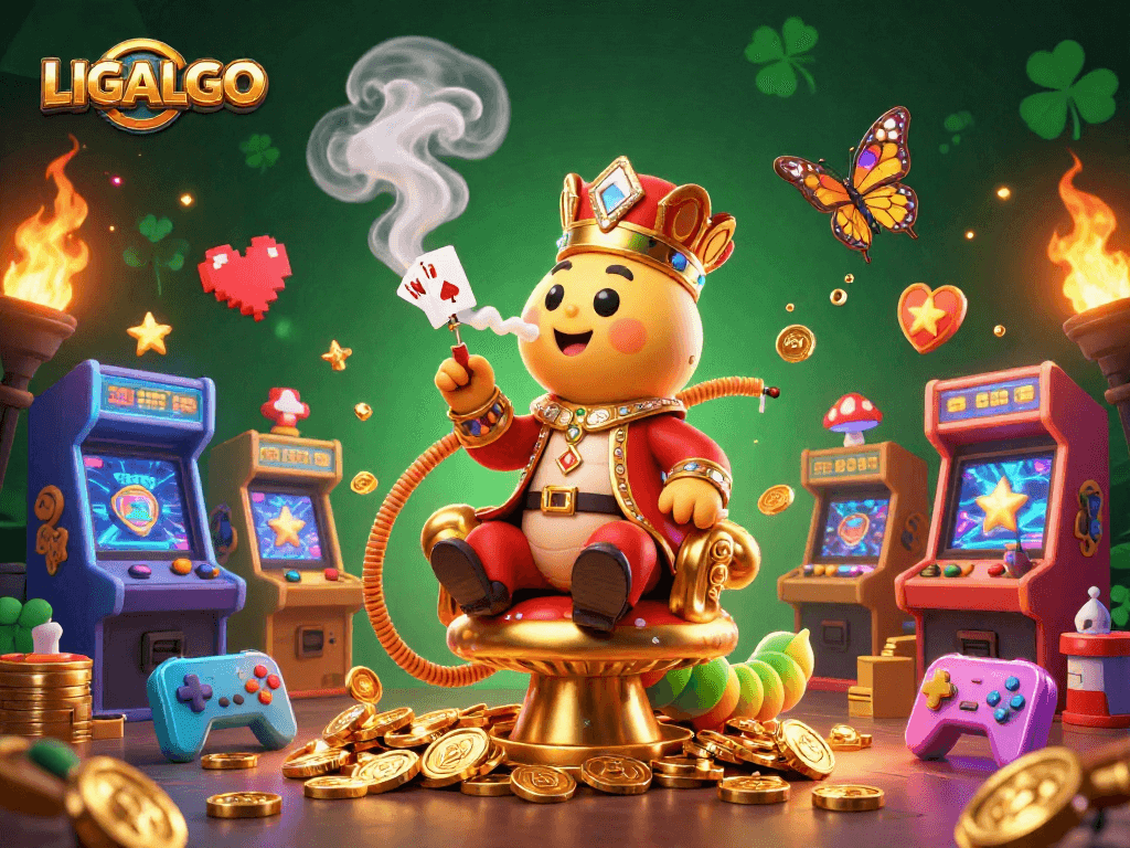 LIGALGO showcases a vibrant 3D cartoon scene with gaming elements, depicting a caterpillar hookah-master and gaming machines.