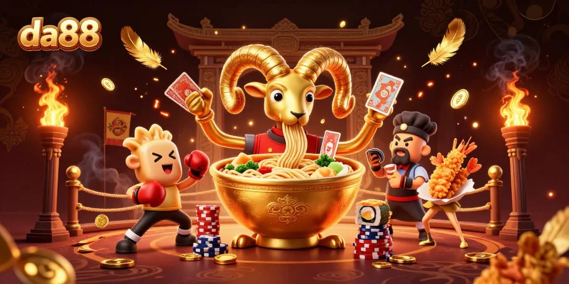 Engage with da88 casino fun in a vibrant 3D illustration featuring a golden ramen dealer and sushi roll cards!