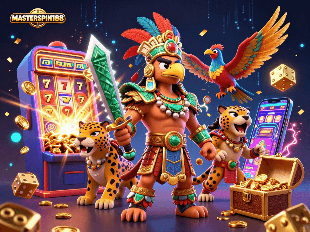 Engage with MASTERSPIN188 as Aztec warriors and jackpots collide in this thrilling casino scene.