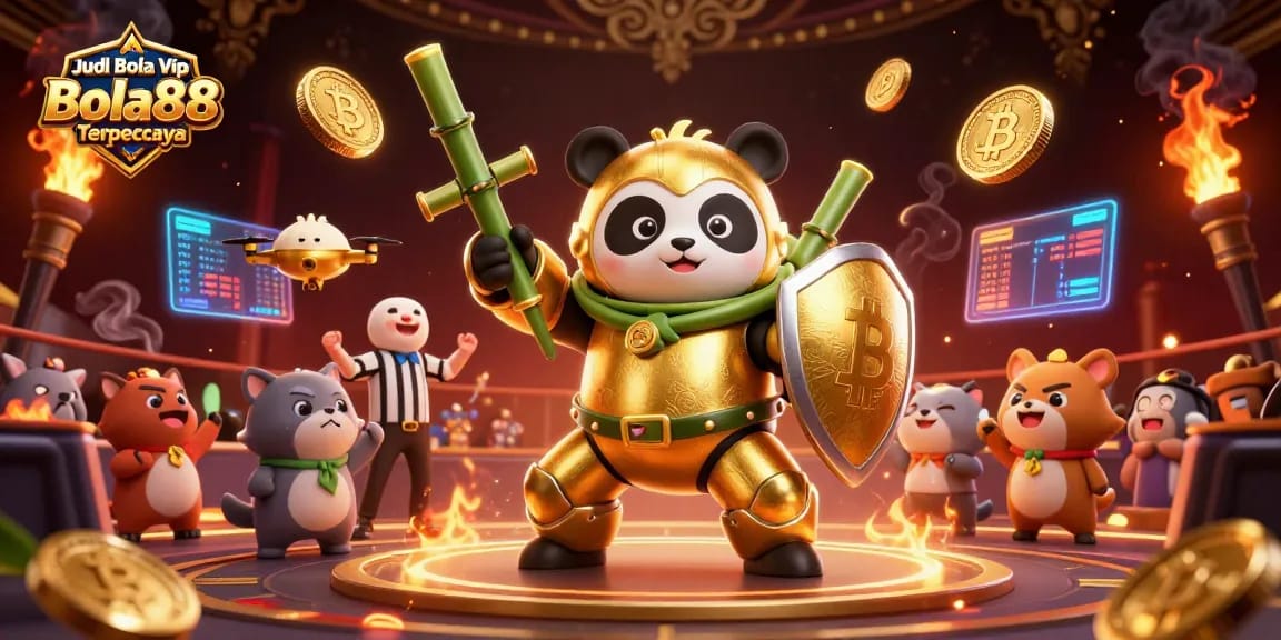 Experience thrilling Judi Bola Vip Bola88 Terpercaya action with a golden panda in a vibrant sports betting arena.