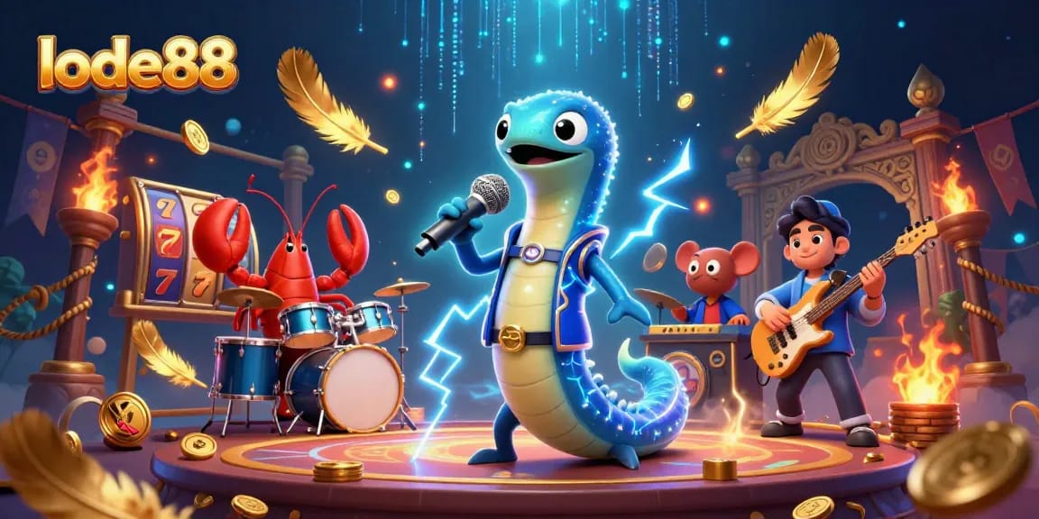 Lode88's electrifying underwater casino stage featuring a DJ eel, lobster drummer, and seahorse guitarist.