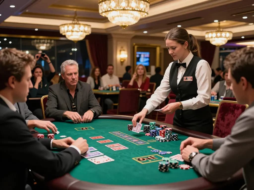 Engaged players focus on strategic blackjack gameplay at GG88 casino, vibrant table and dealer action highlight gaming excitement.