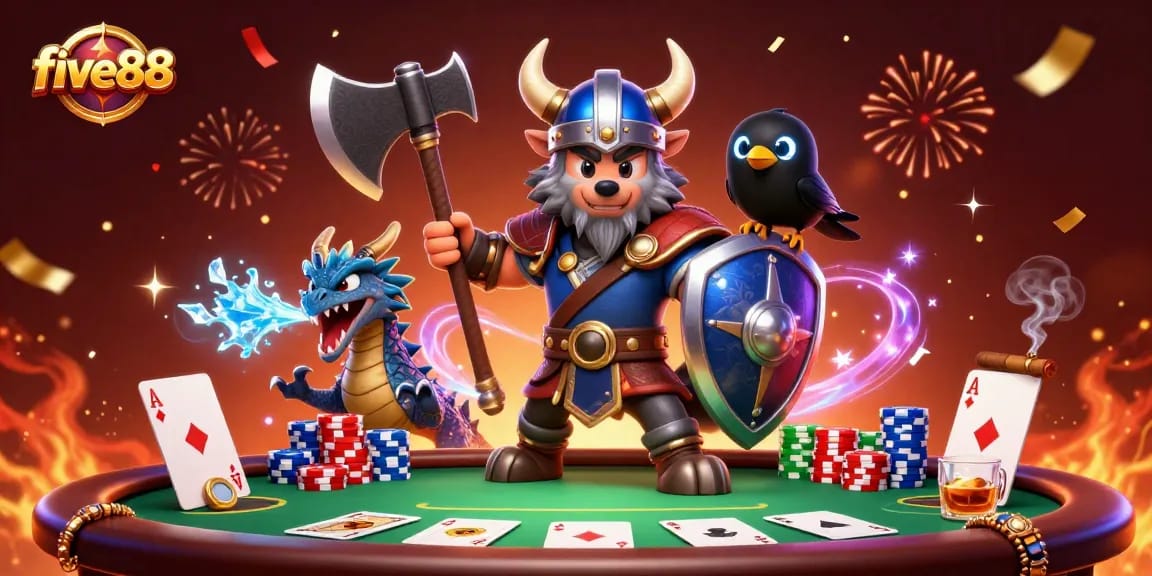 Experience thrilling poker action with five88's vibrant Viking warrior, dragon, and raven.
