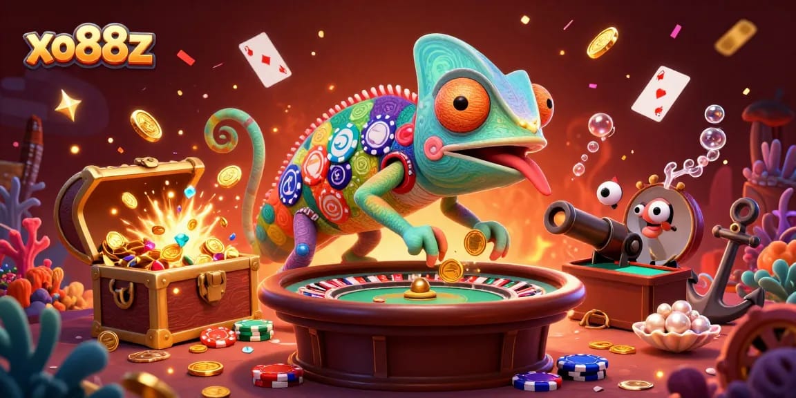 Experience the excitement of xo88z with a vibrant chameleon casino owner amidst colorful gaming elements.