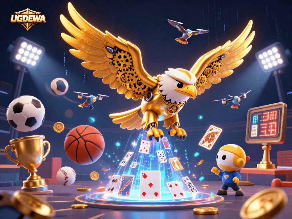 Bet on sports with UGDEWA in this vibrant casino scene, showcasing thrilling 3D action.
