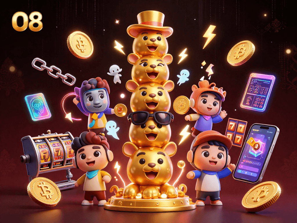 Spin the reels and win big with O8's vibrant cartoon casino scene featuring cryptocurrencies and dynamic game elements.