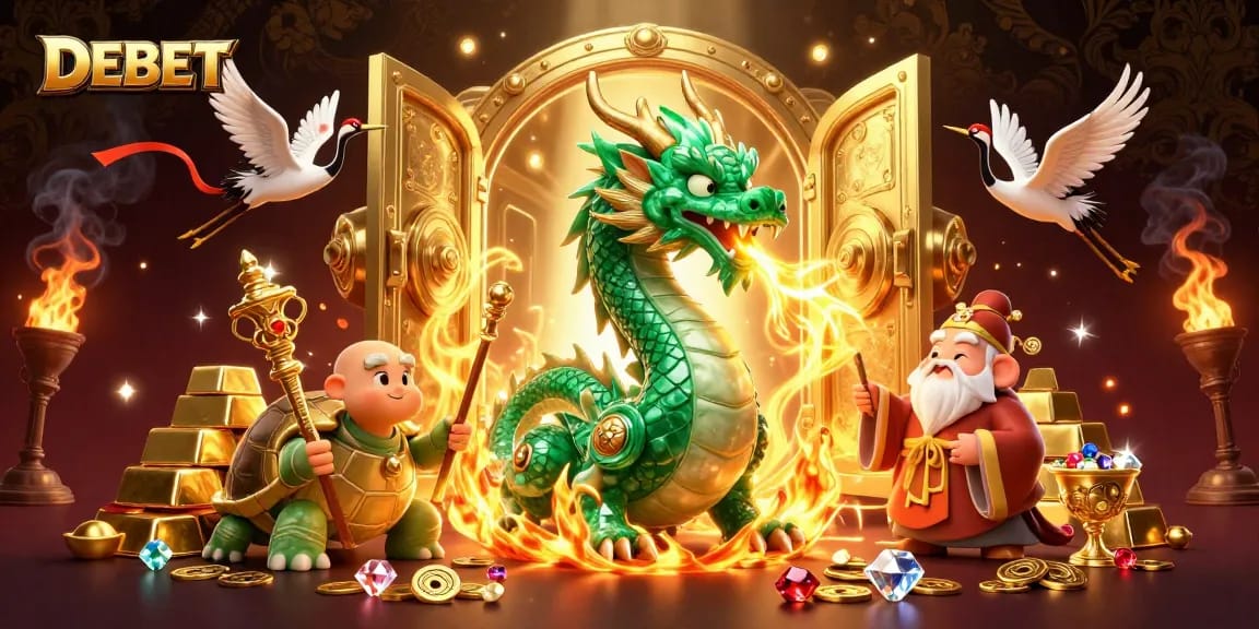 Engage with DEBET in a vibrant 3D casino scene featuring mystical characters and treasure.