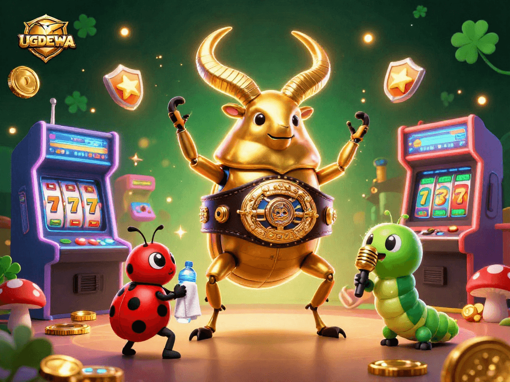 UGDEWA showcases an energetic scene with a golden stag beetle champion and vibrant casino elements.