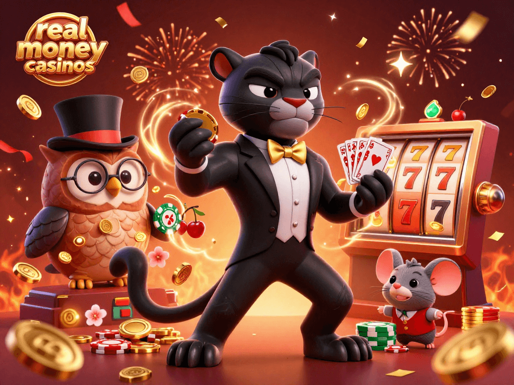Experience the thrill of real money casinos with cartoon characters celebrating in a vibrant casino scene.
