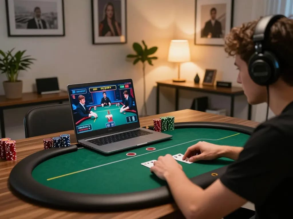Engaging online gambling moment with tuesdayteasedallas showcasing intense poker gameplay from home.