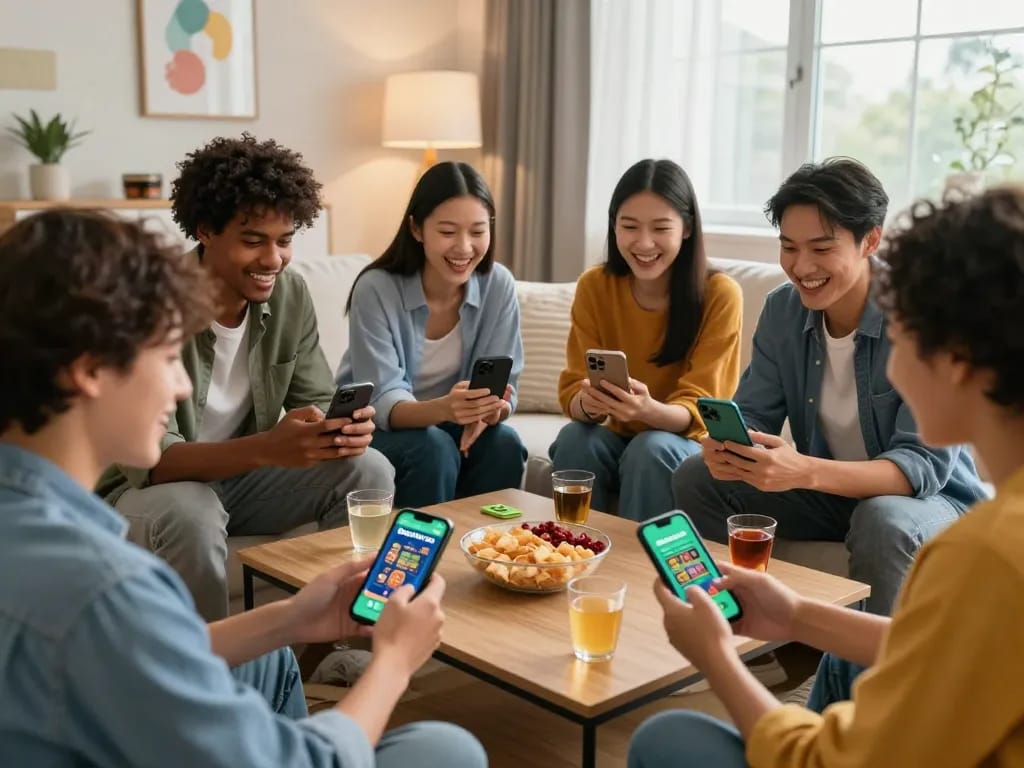Friends enjoying mobile gaming with the BetVisa app in a lively home setting.