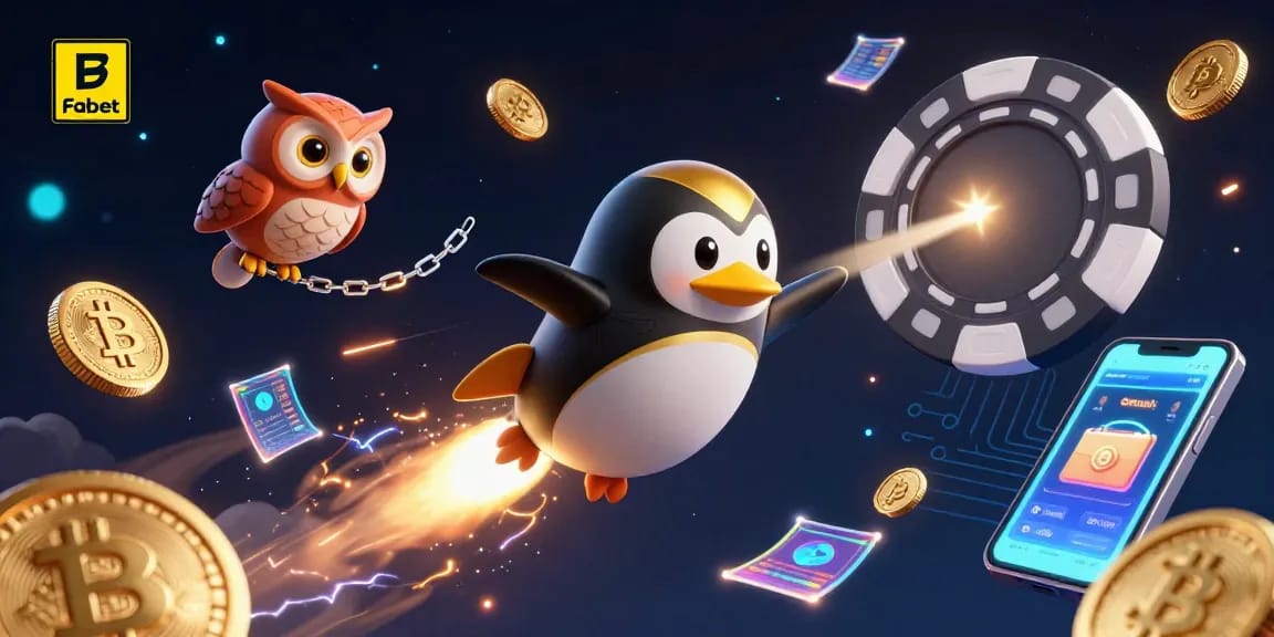Engage with Fabet's exciting 3D casino illustration showcasing a golden penguin amidst vibrant gambling elements.