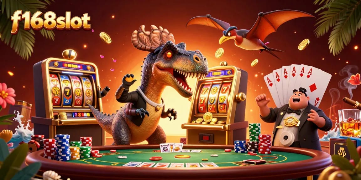Experience thrilling jackpots at f168slot with cartoon characters in a lively casino setup.