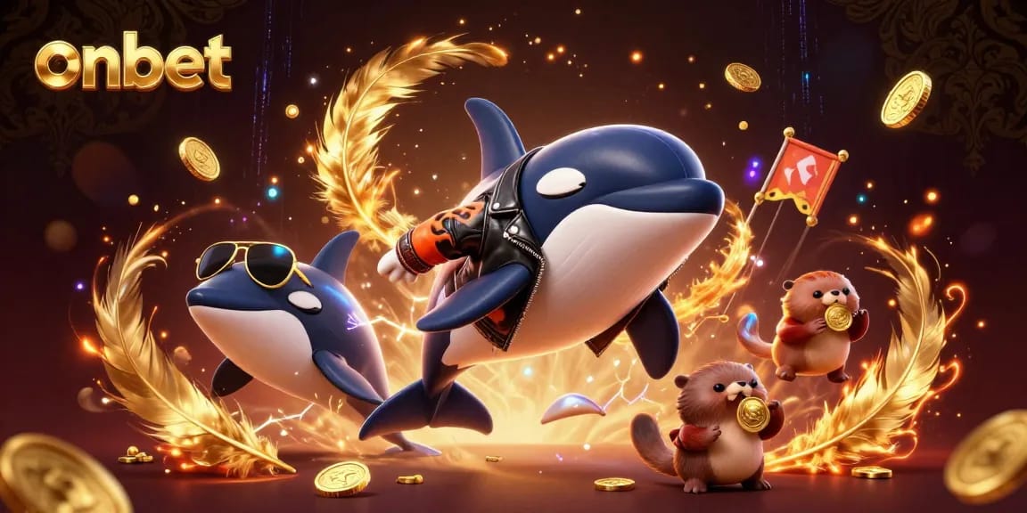 Experience exciting betting adventures with onbet's colorful cartoon whales and otters amidst casino action.