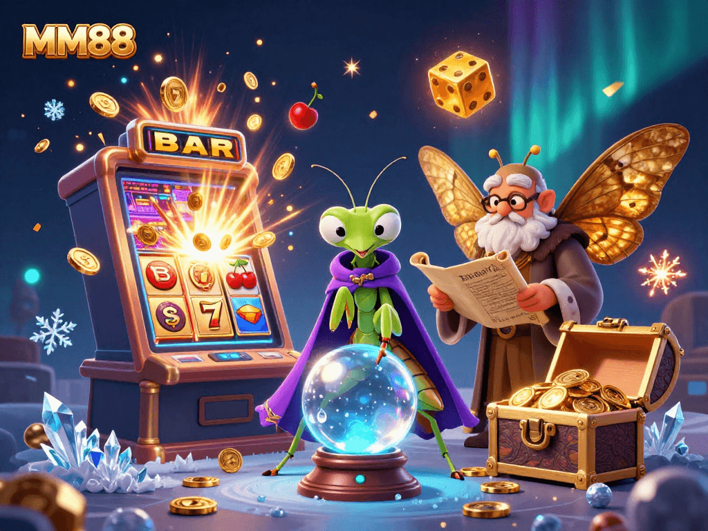 Engage in casino excitement with MM88's 3D illustration of fortune and gaming elements.
