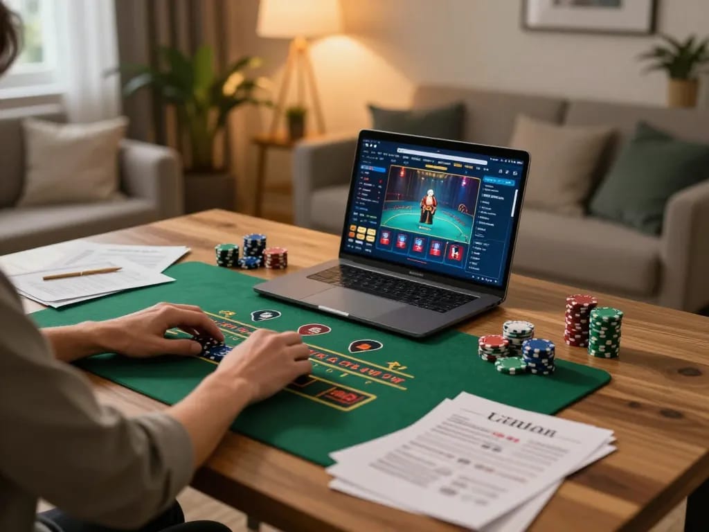 Engaged in online gaming, a player explores sunwin's casino offerings, vibrant chips nearby.