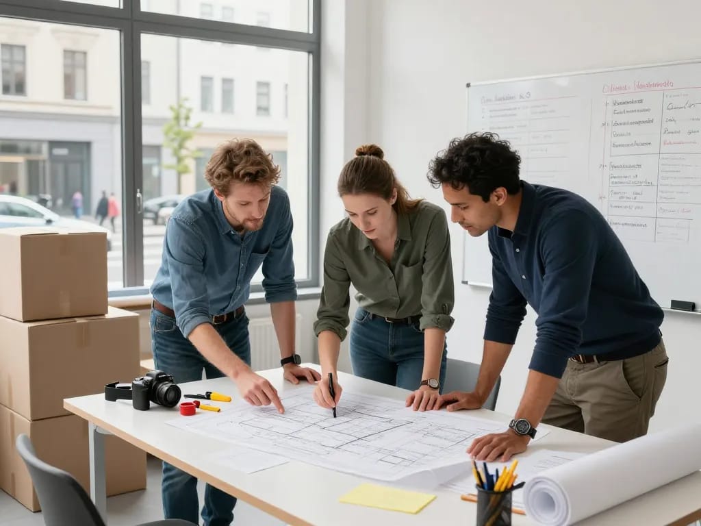 Professionelles Team, das an einem Räumung Wien-Projekt zusammenarbeitet und in einem hellen urbanen Büro über Logistik und Pläne diskutiert.
