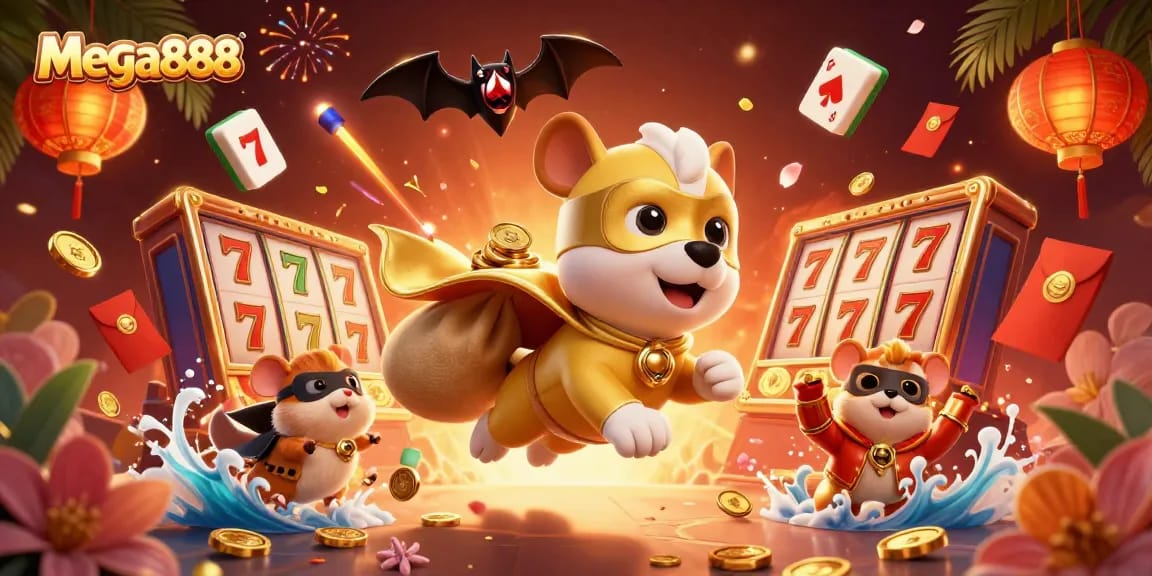 Experience the thrill of mega888 with a superhero dog flying through a vibrant casino world, surrounded by exciting gaming elements.