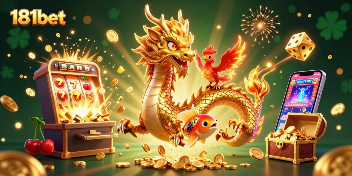 Play exciting casino games and win with 181bet's vibrant illustration featuring a dragon, phoenix, and koi fish.