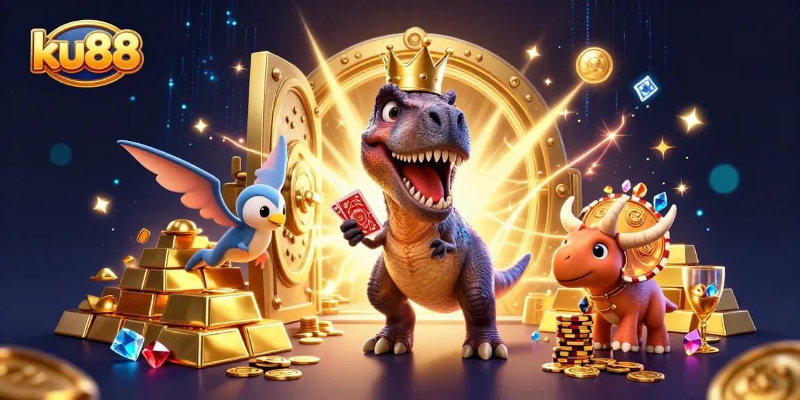 ku88 showcases a T-Rex shuffling cards with casino elements, under vibrant lights.