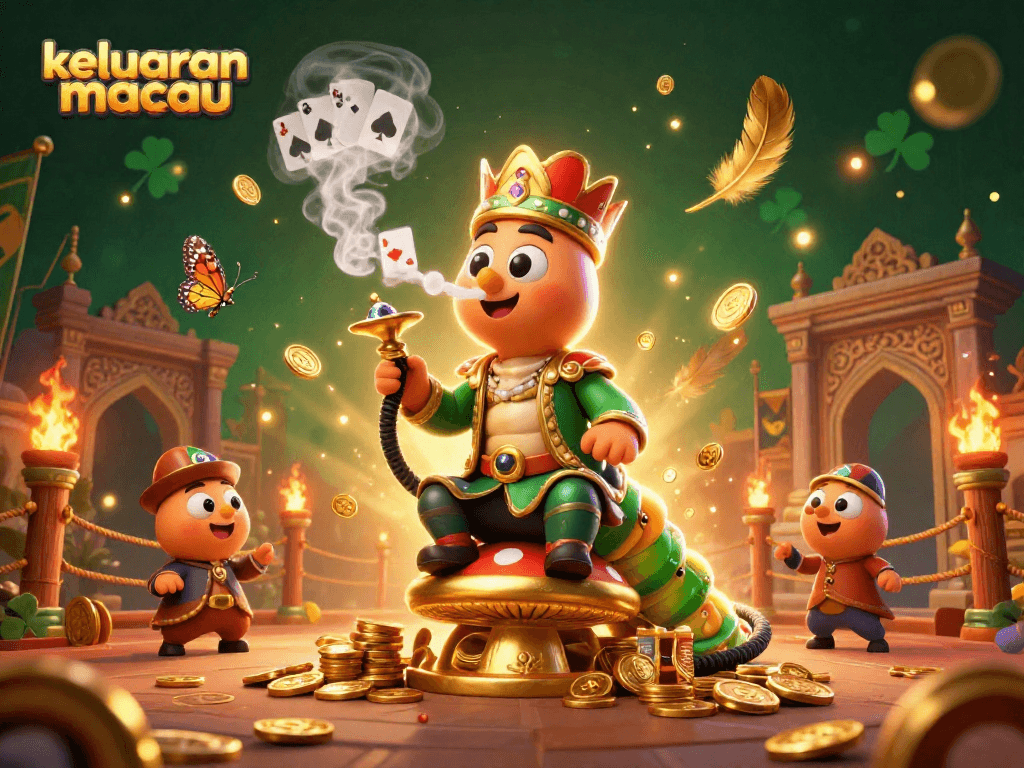 Experience keluaran macau in a vibrant gambling scene featuring a caterpillar sultan amidst golden luck and poker symbols.