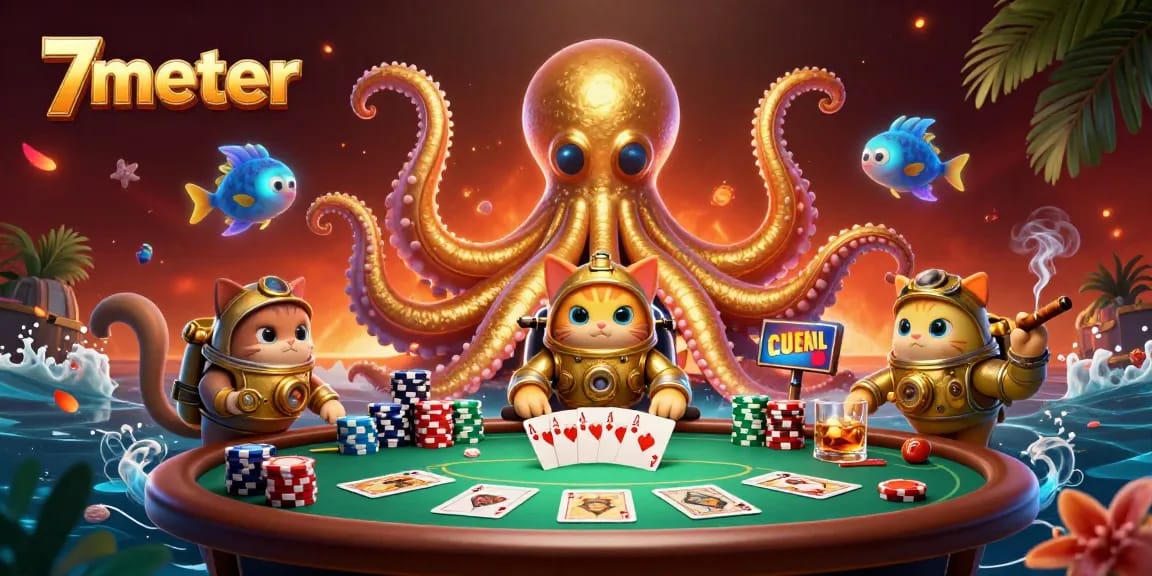 Engage with 7meter's high-stakes action in a vibrant casino scene featuring a kraken and poker elements.