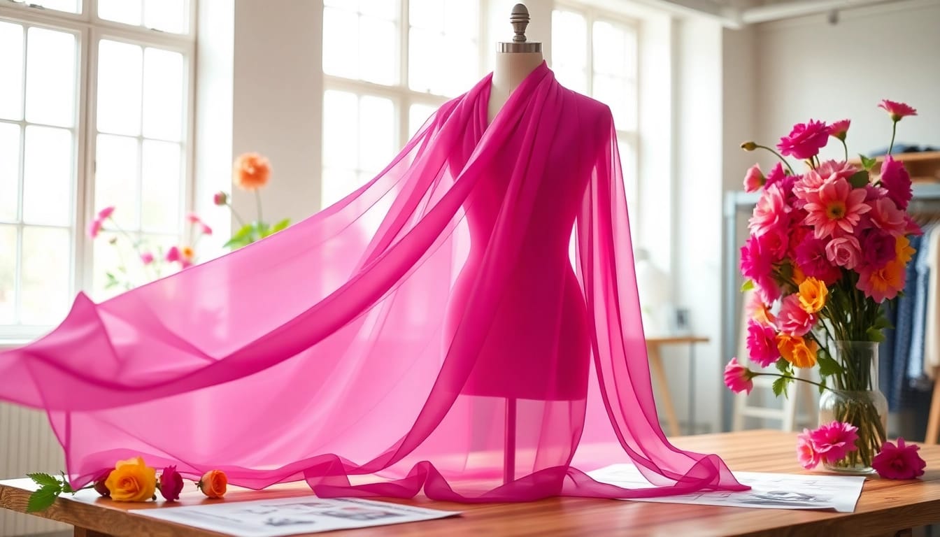 Chiffon stof in verschillende kleuren, elegant gedrapeerd over een kleermakerspop in een lichte studio.