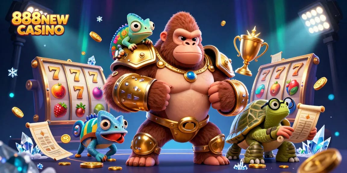 Experience thrilling play at 888NEW CASINO with a vibrant 3D casino illustration featuring exciting game elements.