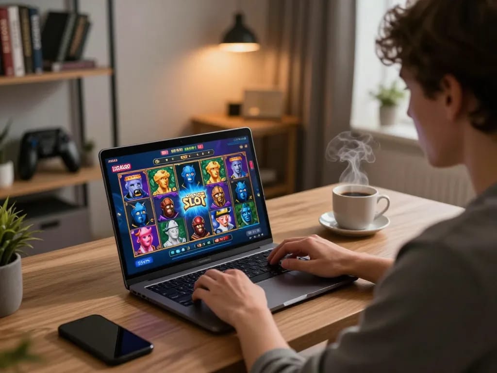 Engaging player spinning LIGALGO SLOT on a laptop in a cozy home office setting.