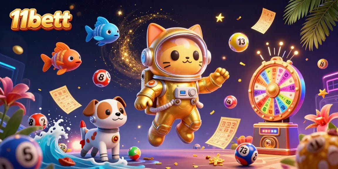 Engage with vibrant lottery excitement at 11bett, featuring dynamic scenes with astronaut cat and robot companions.
