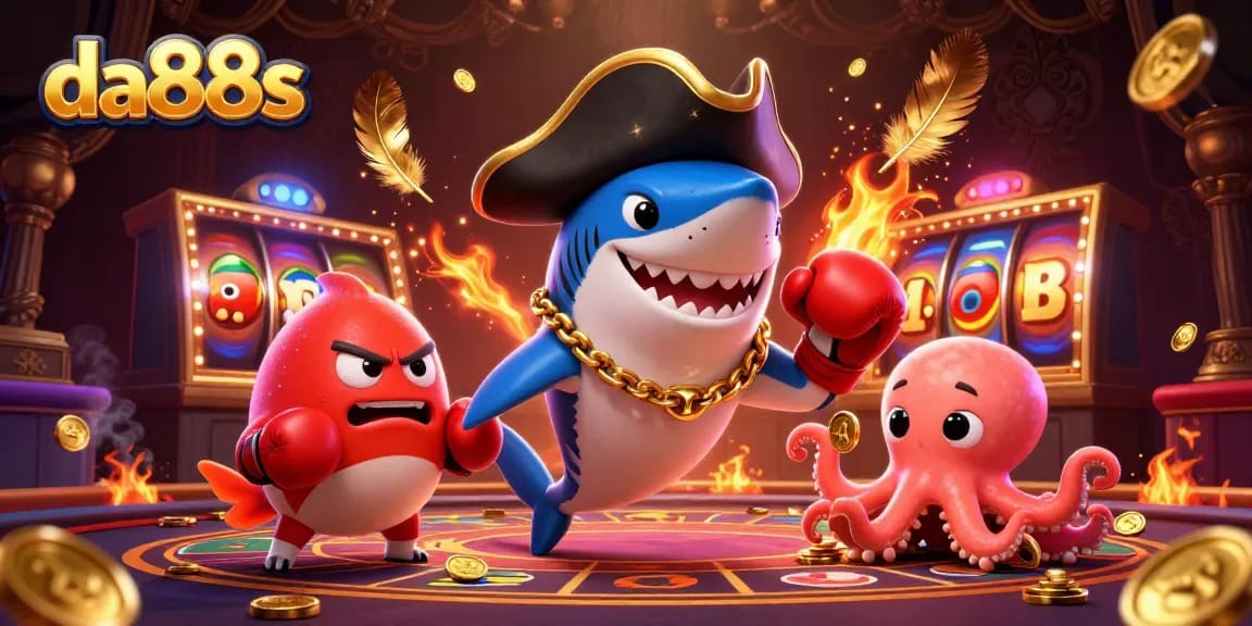 Spin to win with da88s at an energetic casino featuring animated characters and jackpot lights.