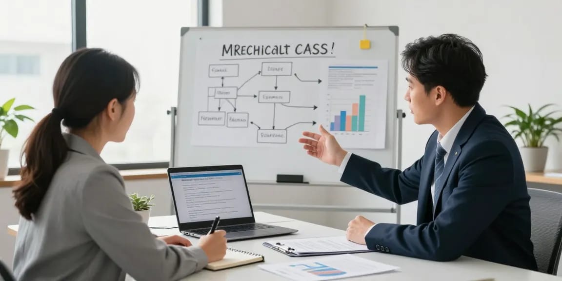 Consultation to apply for merchant cash advance in a modern office environment with financial documents and a laptop.