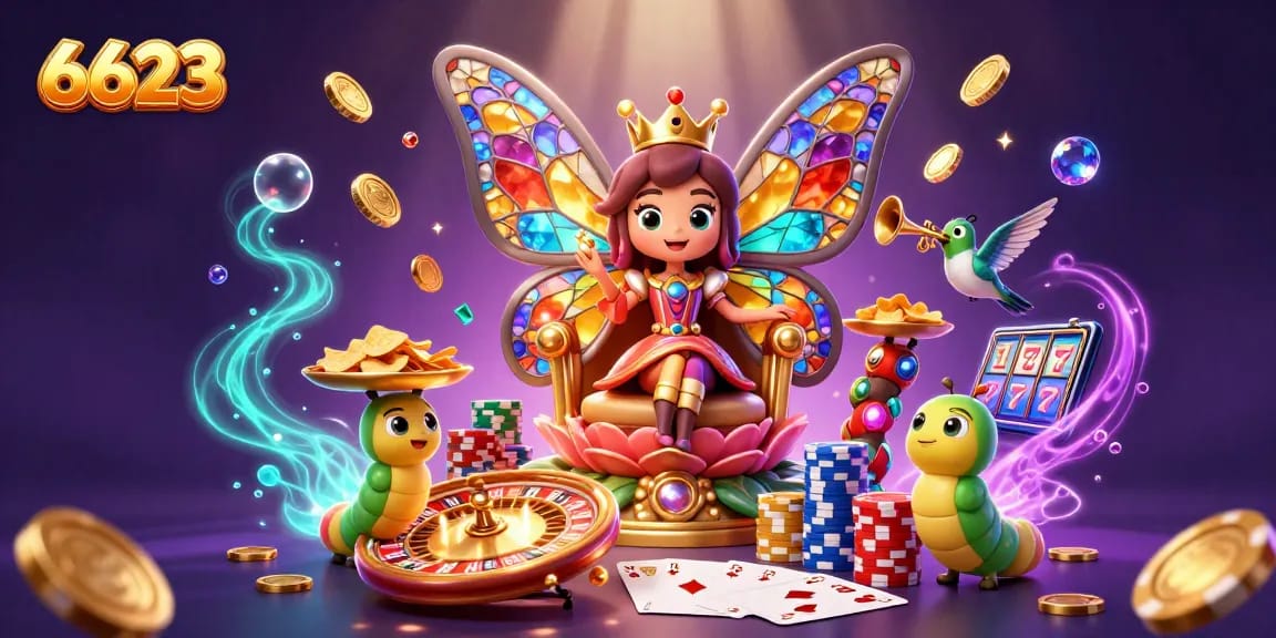 Experience thrilling gameplay at 6623 with a vibrant 3D casino illustration showcasing popular gaming elements.