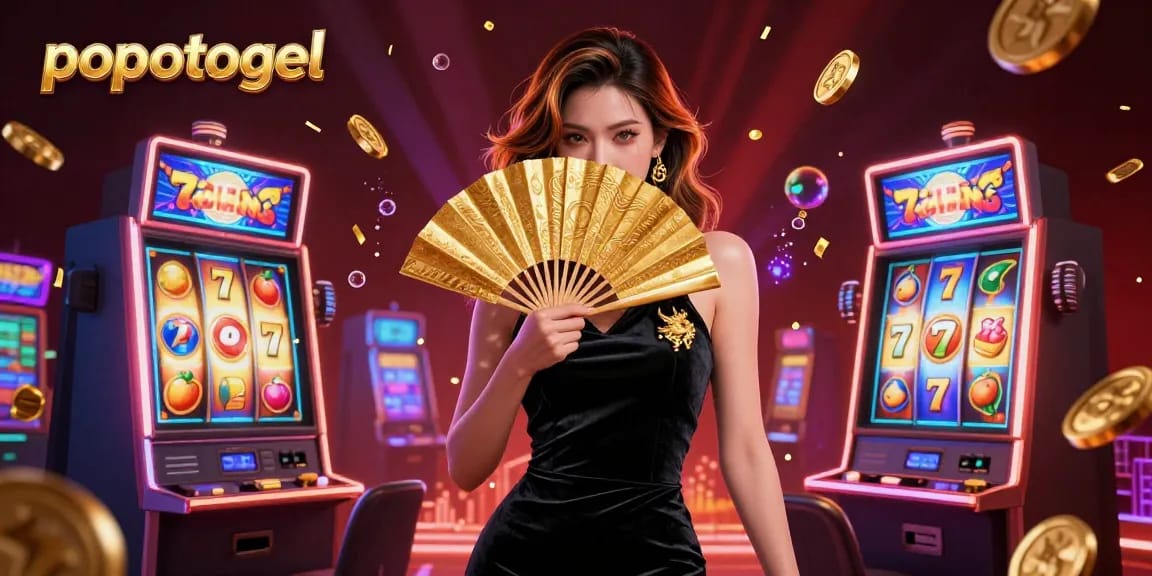 Experience the excitement of popotogel as the gorgeous woman reveals slot machines and spinning reels in a vibrant casino scene.