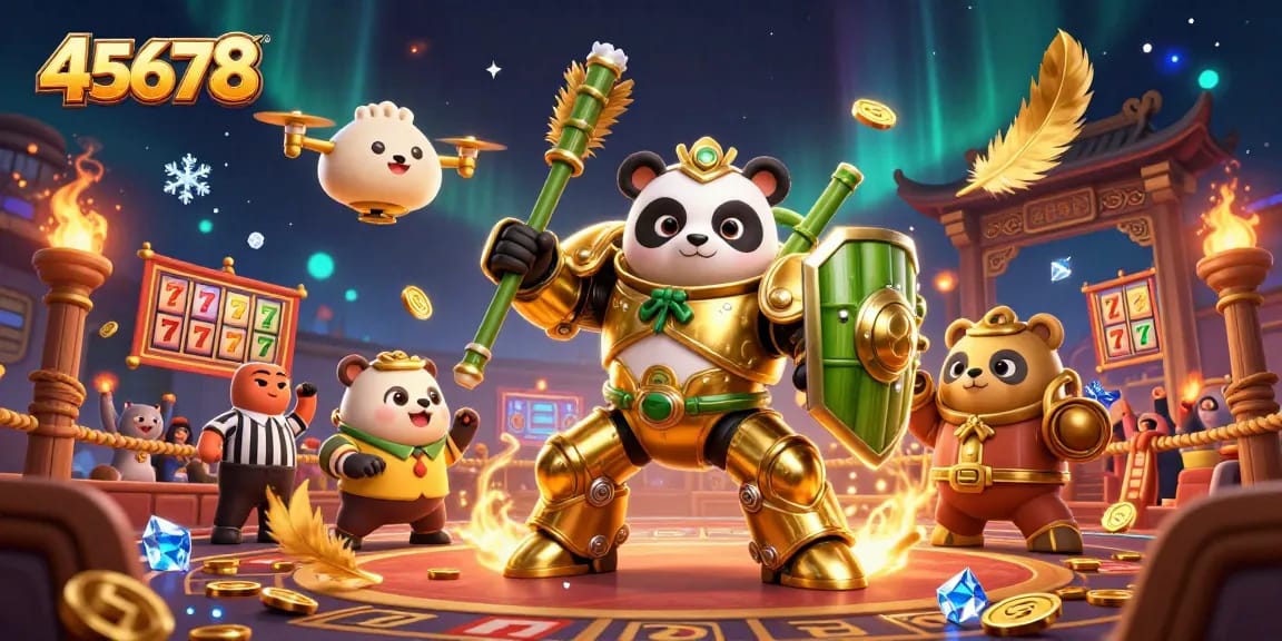 Engage with the lively casino action at 45678, featuring a golden panda in a mech suit and vibrant gambling elements.