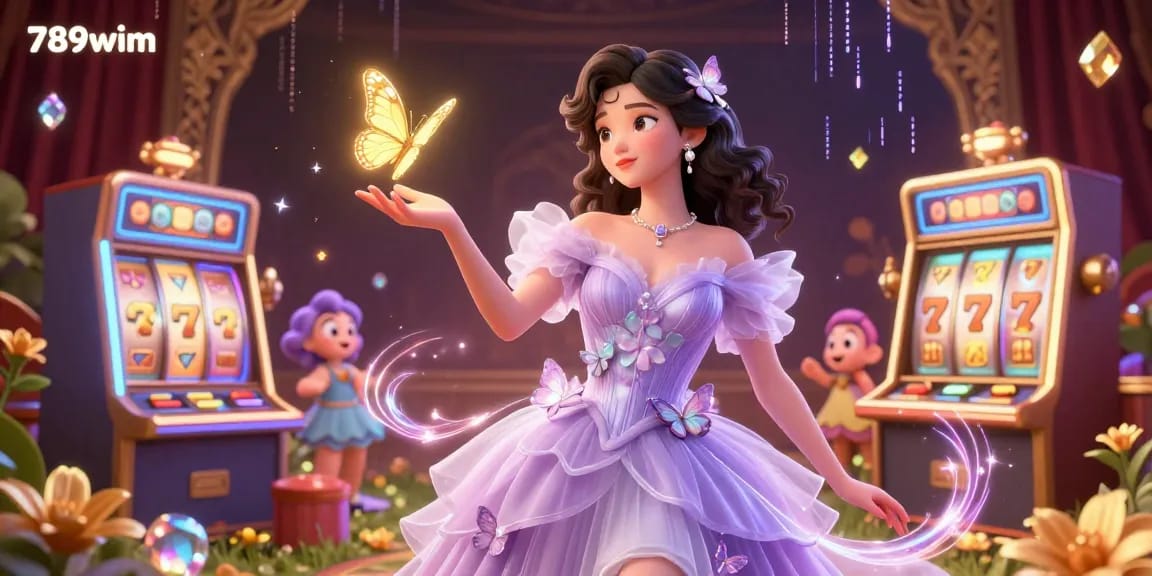 Experience the excitement of 789wim as golden butterflies and dynamic slot machines create a vibrant casino scene.