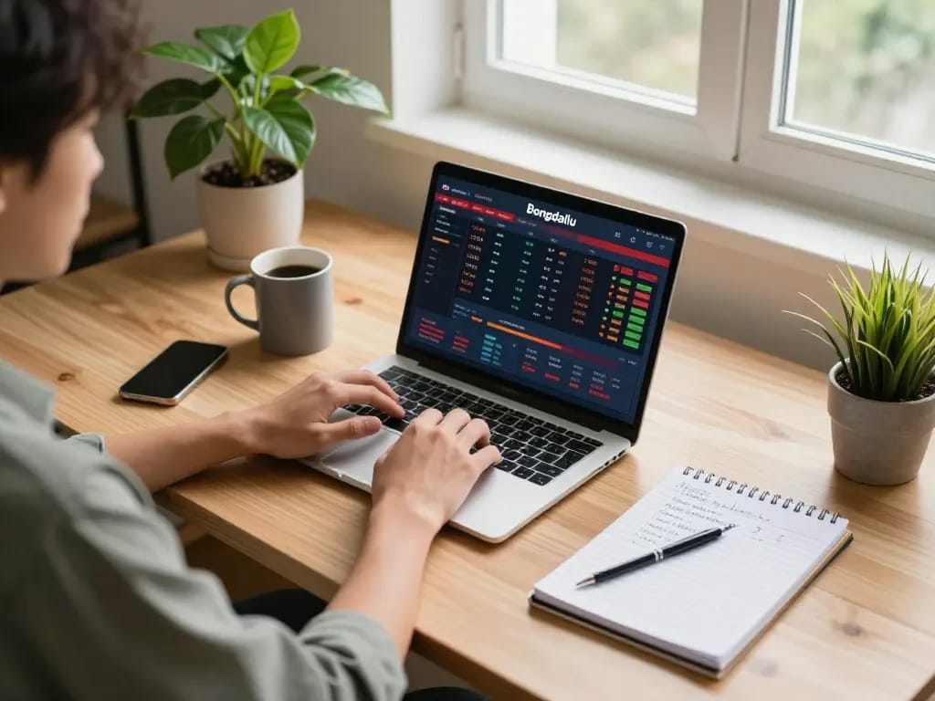 Bongdallu sports betting interface shown on a laptop screen in a cozy home office setup, enhancing strategic gameplay.