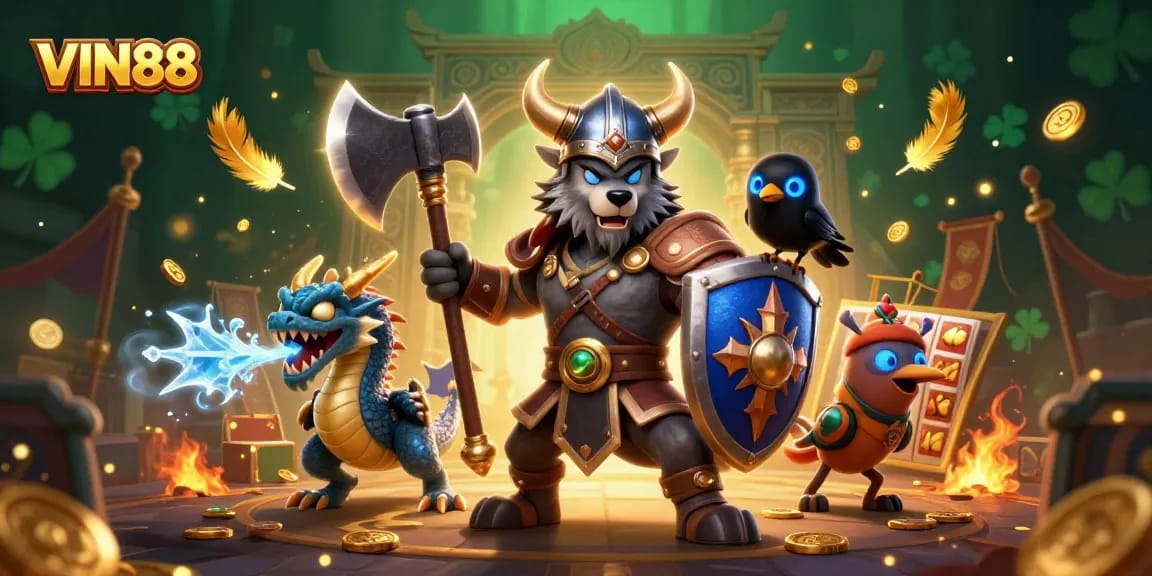 Engage in thrilling casino action with VIN88's captivating promotional illustration featuring a Viking wolf warrior and dragon.