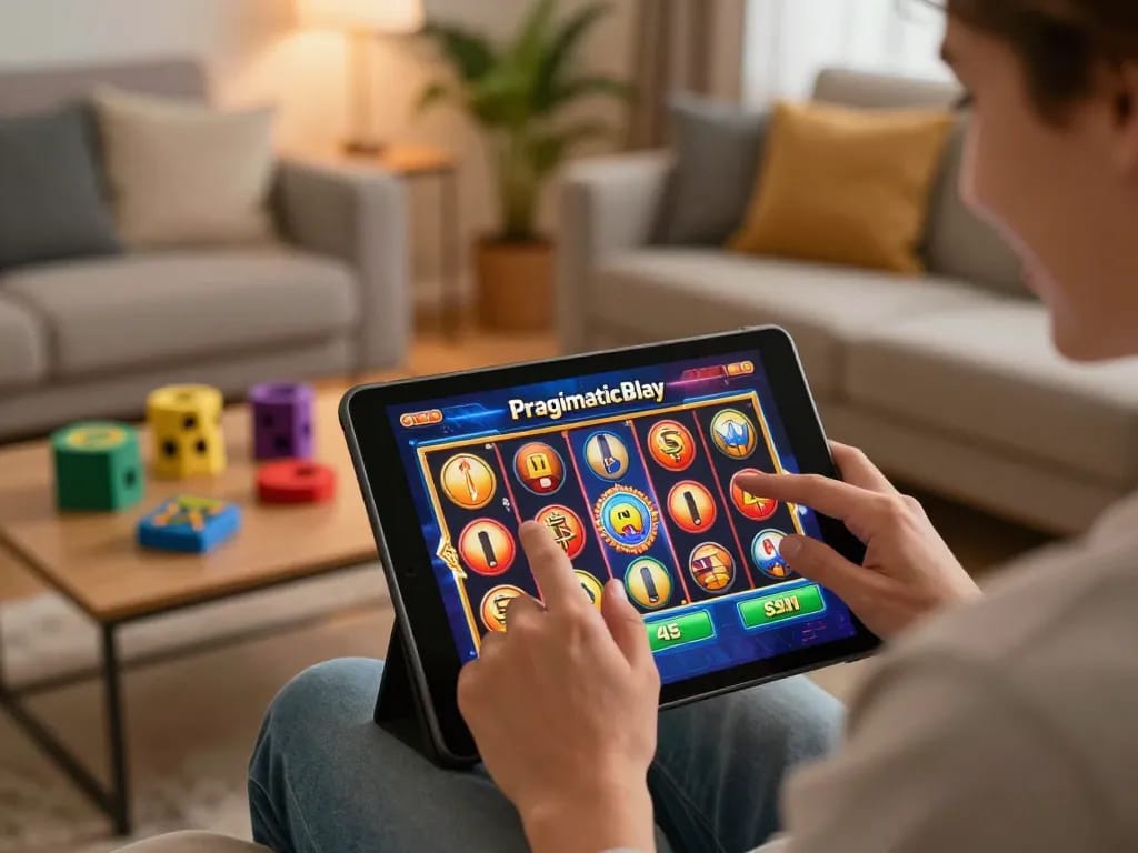 Engaging with Pragmaticplay slot games on a tablet in a cozy home environment.