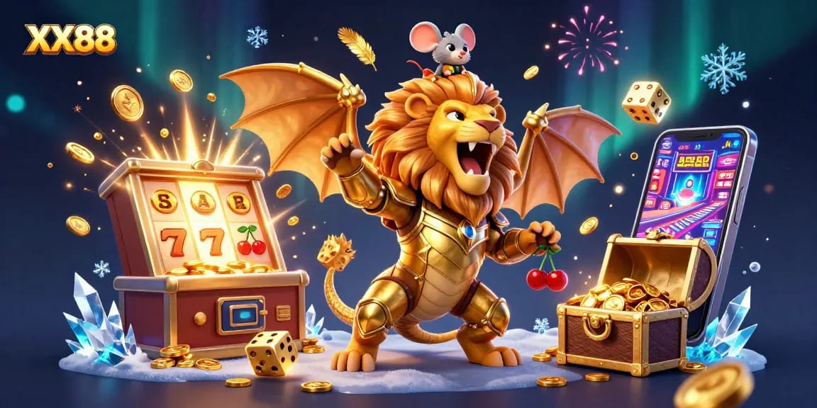 Join the exhilarating world of XX88 with a roaring chimera and dynamic casino elements.