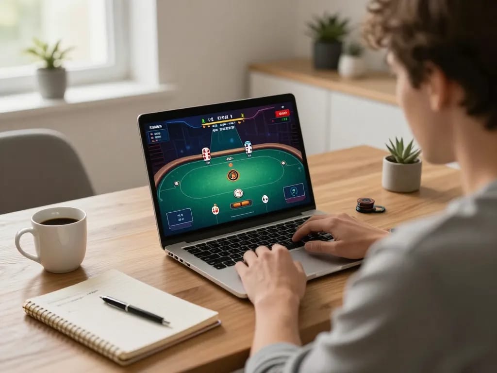 cm88 online poker game in a stylish home office with a player focused on strategy