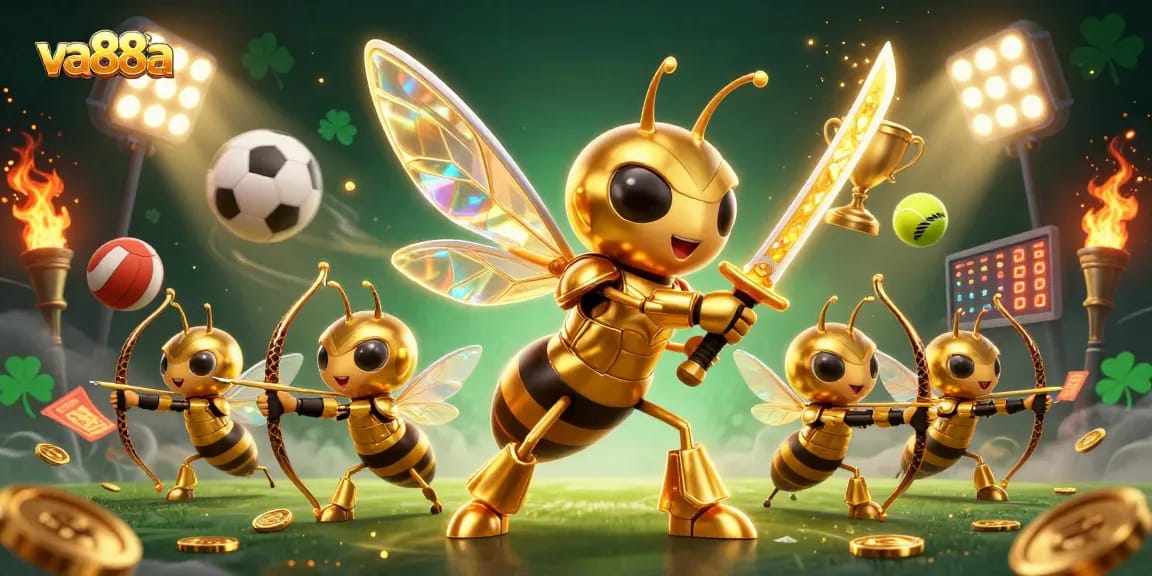 va88a promotes excitement with a dynamic casino-themed 3D illustration featuring an epic hornet warrior.