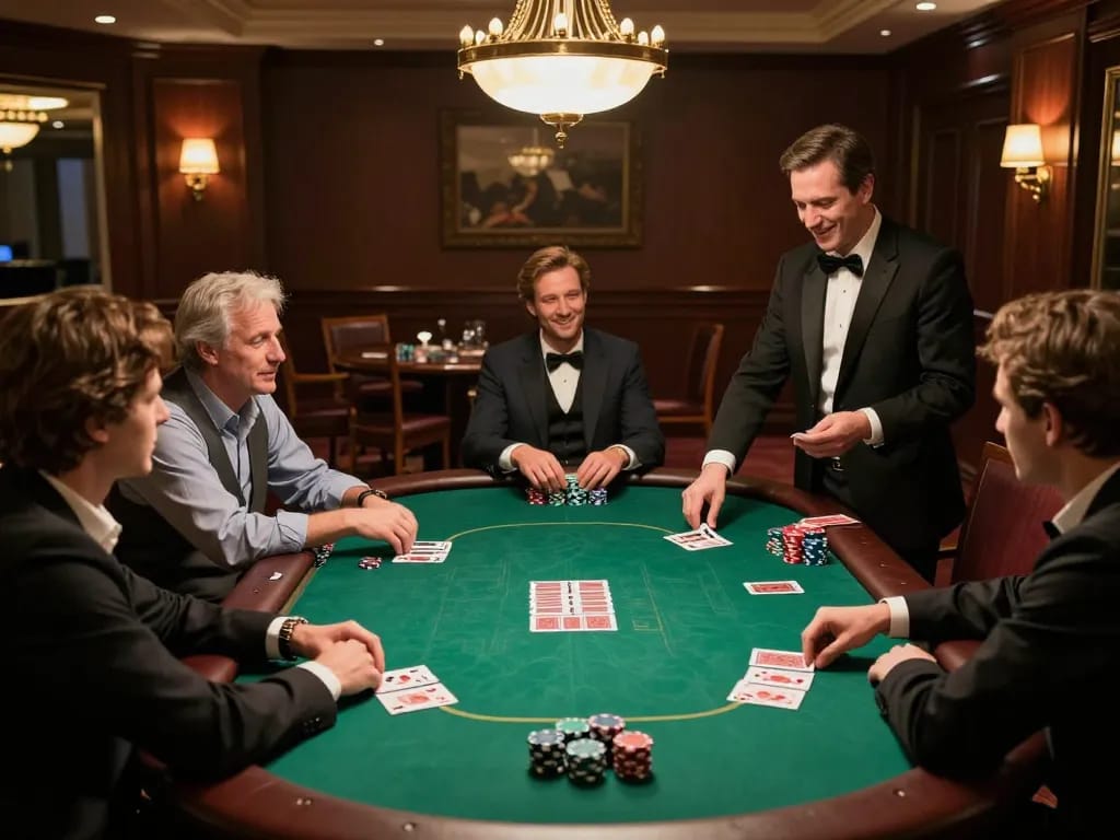 Players engaged in a strategic poker game at a luxury casino, showcasing money management skills while using Pragmaticplay.