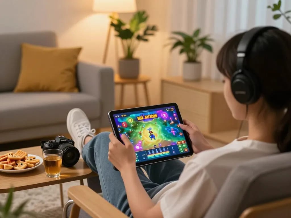 Engaging in the top game bài đổi thưởng on a tablet in a cozy modern setting, showcasing responsible gaming.