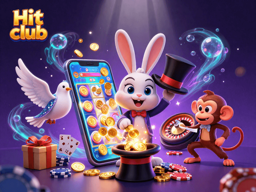 Experience the enchanting Hit club scene with a magician rabbit, sparkling coins, and vibrant gaming elements.