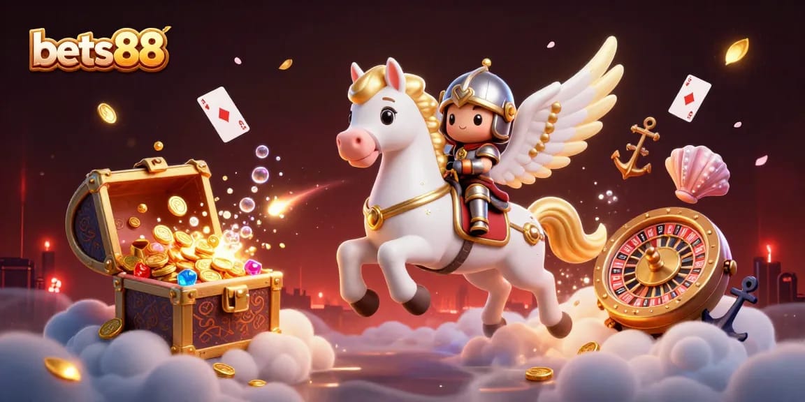 Experience thrilling gameplay at bets88 as a knight rides a celestial horse through a vibrant casino world.