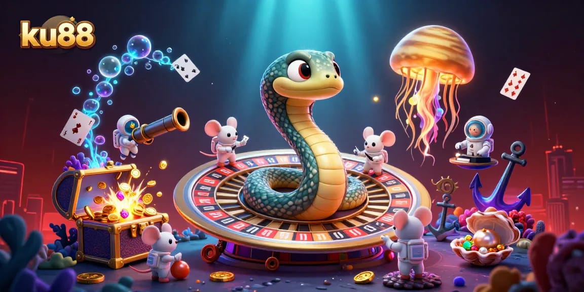 ku88 showcases a captivating casino scene as a Saturn ring snake spins roulette bets with astronaut mice.