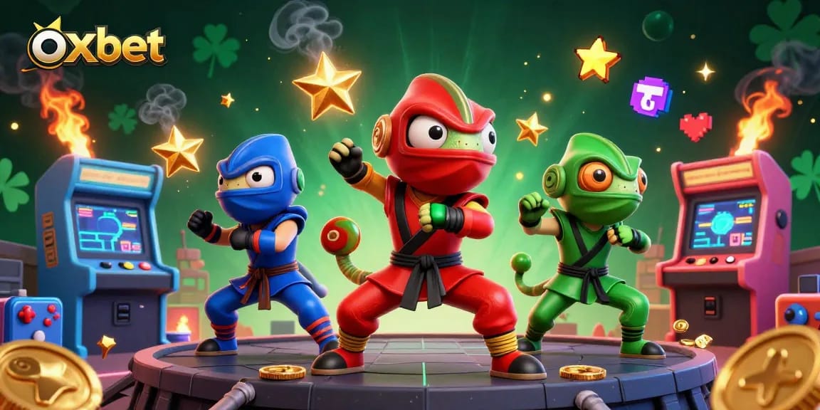 Engage in thrilling gameplay with oxbet as colorful chameleon ninjas perform dynamic moves amidst vibrant casino elements.