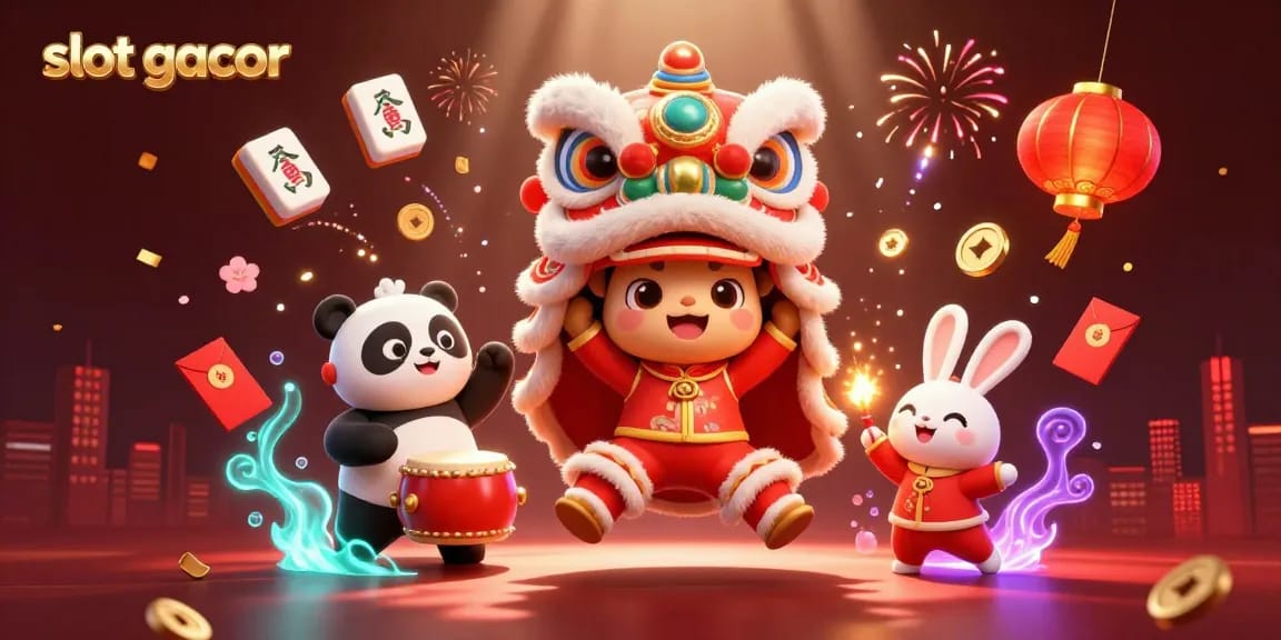 Experience slot gacor thrills with this vibrant 3D illustration of a lion dance, drumming panda, and festive elements.