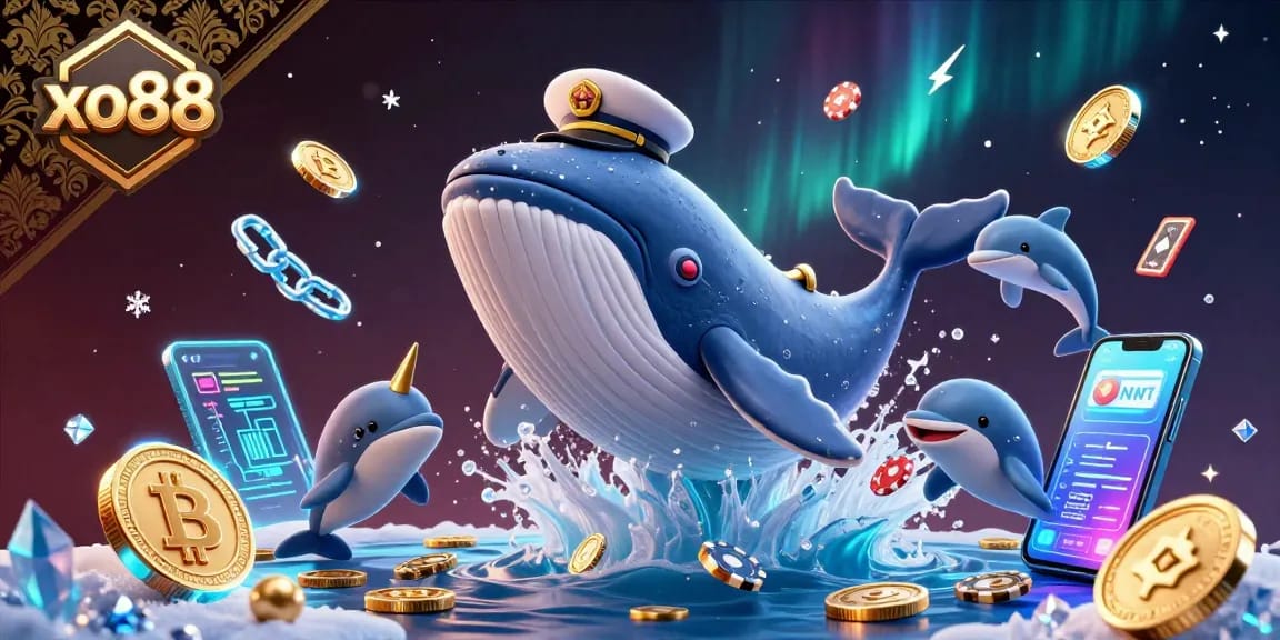 Immerse in xo88 with a vibrant 3D cartoon scene of a whale and friends betting joyfully among gold coins.